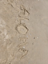 The word 'ALOHA' is written in the sand on a beach, with a few small seashells scattered around.
