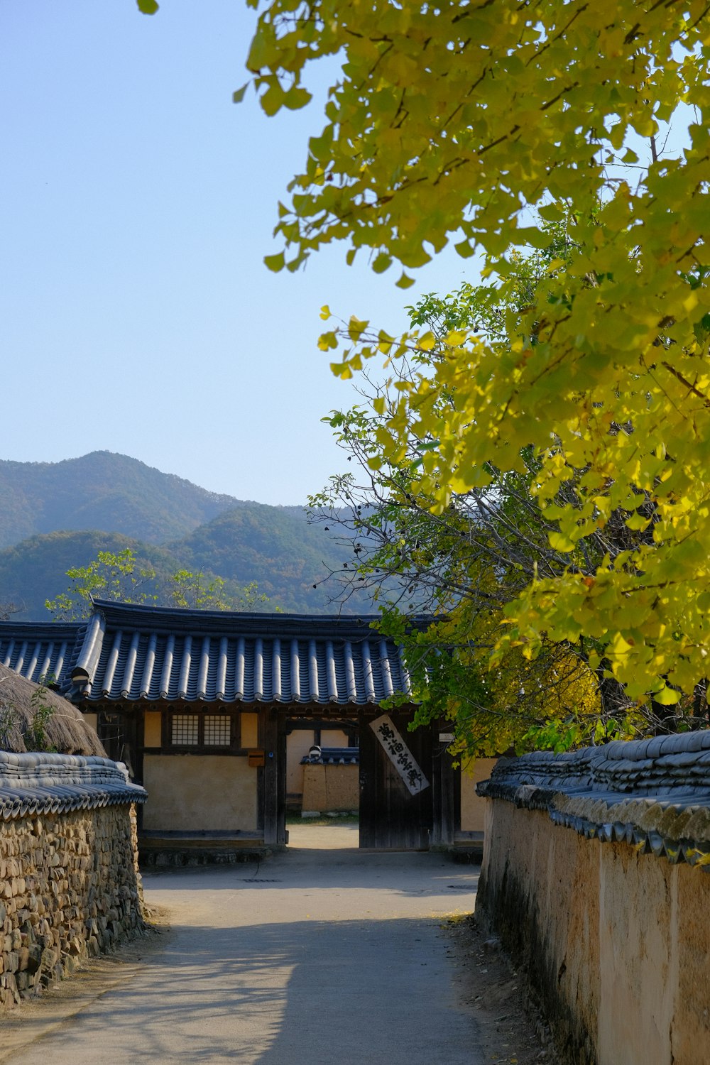 a path leading to a building with a mountain in the background