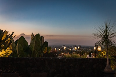 A serene sunset view from the restaurant with glowing lanterns.