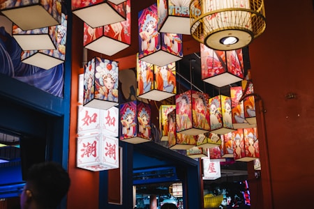 A collection of colorful lanterns featuring traditional Asian art designs hangs from the ceiling against a vibrant background. Each lantern displays illustrations of women adorned in elaborate attire, some incorporating calligraphy and bold colors. The setting appears festive and artistically rich, with attention to detail on the lanterns.