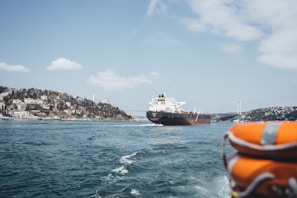 A large cargo ship is moving across a wide body of water with a life jacket visible in the foreground. On the left, there is a hilly shoreline with numerous houses and trees. In the background, a bridge stretches across the water, connecting the two shores under a blue sky with scattered clouds.