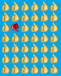 A grid of hand gestures on a blue background, with all being yellow thumbs-up except for one red thumbs-down gesture.