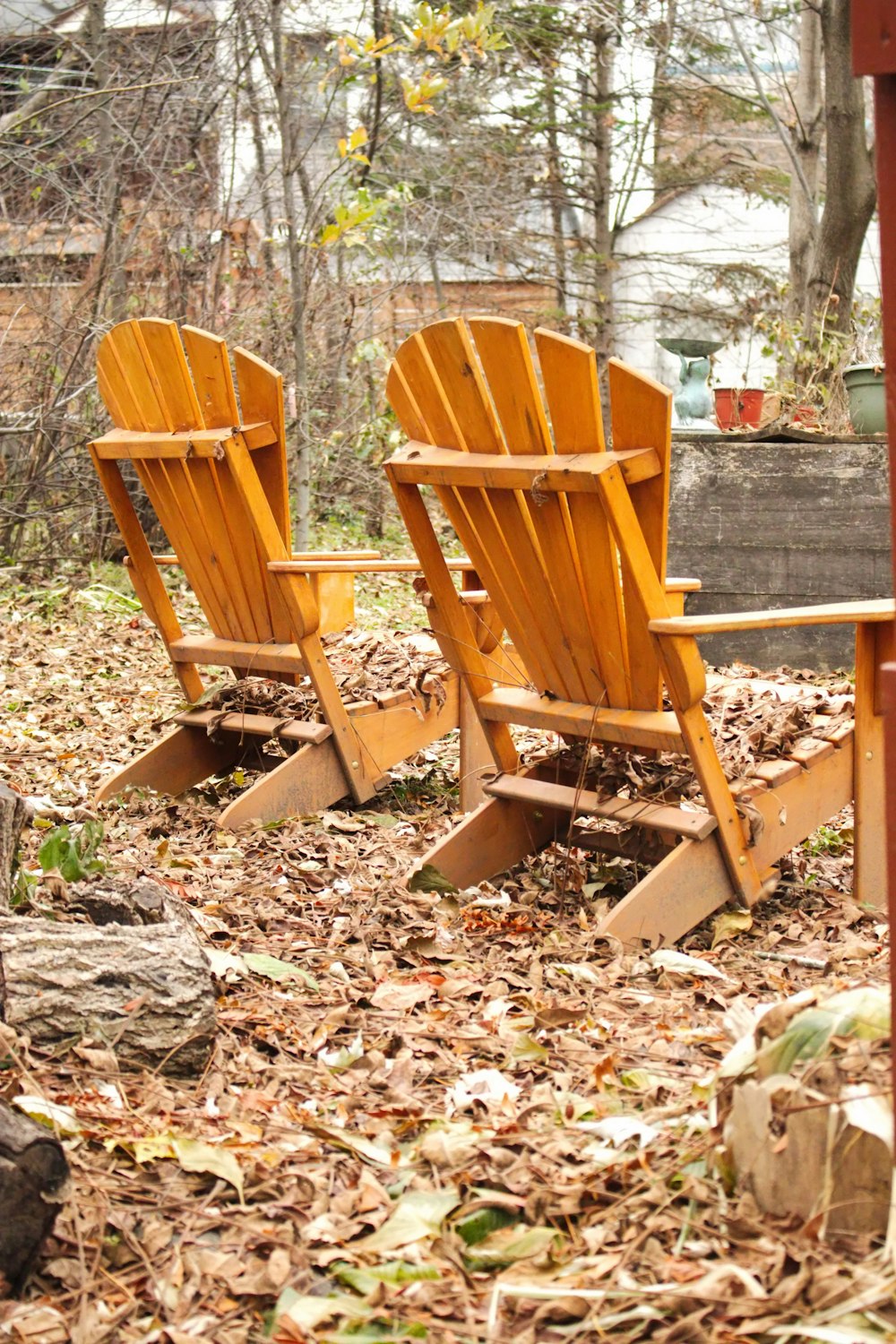 a couple of wooden chairs sitting on top of a pile of leaves