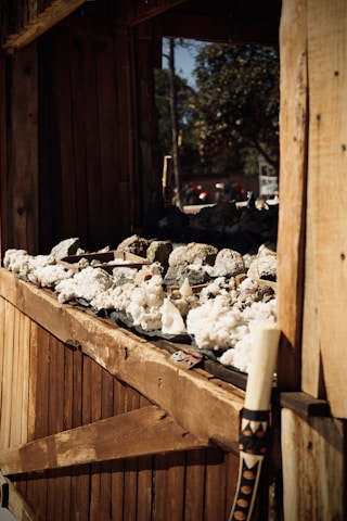 A rustic wooden shelf displaying a collection of various rocks and minerals, with sunlight casting shadows. The background features blurred green foliage and hints of an outdoor setting.