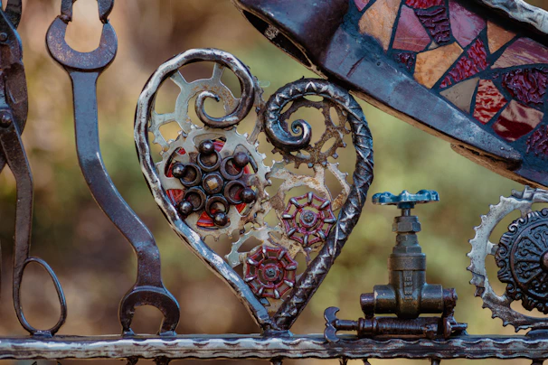 A vibrant display of repurposed metal art pieces, blending industrial and artistic vibes.