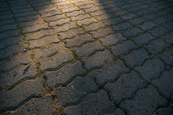 A close-up view of an interlocking stone pavement with grass and small plants growing in the joints. The image captures the contrast between the hard, textured surface of the stones and the soft greenery. Shadows are cast over parts of the pavement, suggesting sunlight from one direction.