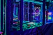 A brightly lit arcade game machine featuring neon lights and colorful graphics. The display shows point values and bonus levels, with vibrant colors reflecting off the glass and surrounding surfaces.