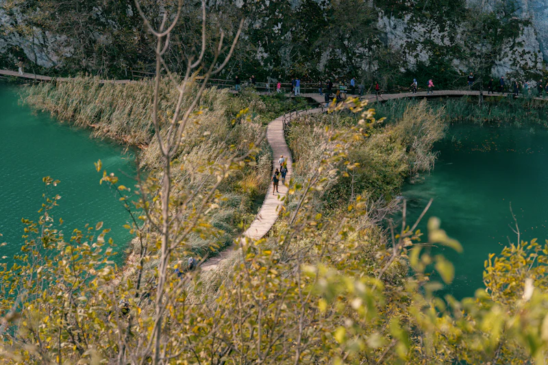 Boardwalk path over clear turquoise water in a Croatian national park