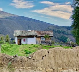 A rustic house with a tiled roof stands surrounded by lush green grass and a dirt path. The building appears aged, with sections of wooden paneling and a weathered white exterior. There is a scenic backdrop of rolling hills under a partly cloudy sky, and some trees flank the area, adding to the rural charm.