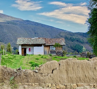 A rustic house with a tiled roof stands surrounded by lush green grass and a dirt path. The building appears aged, with sections of wooden paneling and a weathered white exterior. There is a scenic backdrop of rolling hills under a partly cloudy sky, and some trees flank the area, adding to the rural charm.