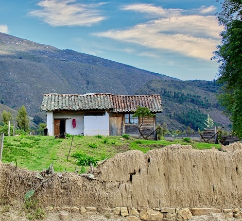 A rustic house with a tiled roof stands surrounded by lush green grass and a dirt path. The building appears aged, with sections of wooden paneling and a weathered white exterior. There is a scenic backdrop of rolling hills under a partly cloudy sky, and some trees flank the area, adding to the rural charm.