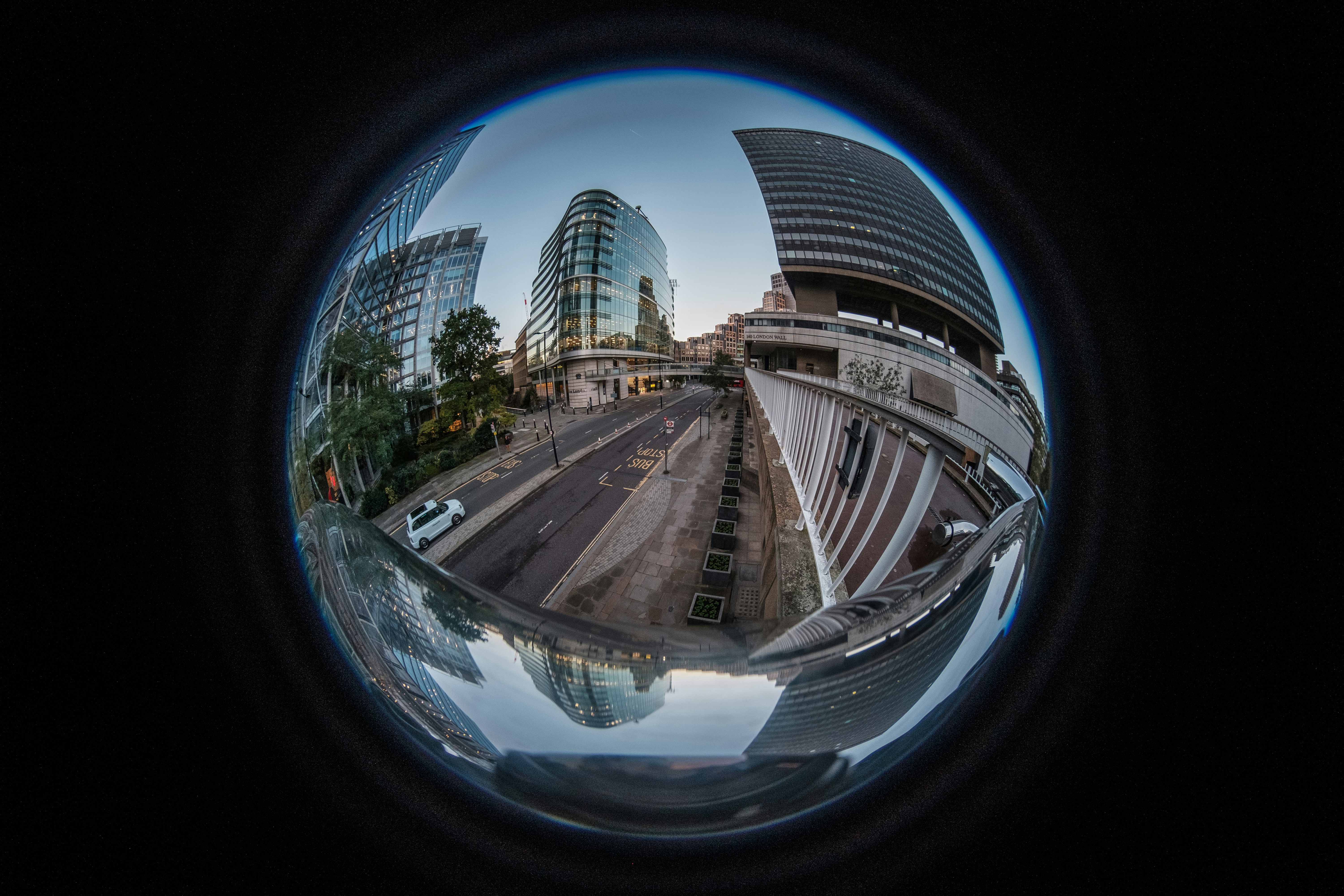 a fish eye view of a city street
