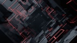 An abstract geometric composition featuring a complex network of interconnected black and red lines and cubes, creating a sense of depth and perspective. The artwork emphasizes symmetry and repetition, drawing the viewer's eye towards a central focal point that appears to recede infinitely.