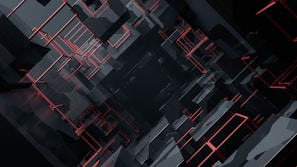An abstract geometric composition featuring a complex network of interconnected black and red lines and cubes, creating a sense of depth and perspective. The artwork emphasizes symmetry and repetition, drawing the viewer's eye towards a central focal point that appears to recede infinitely.
