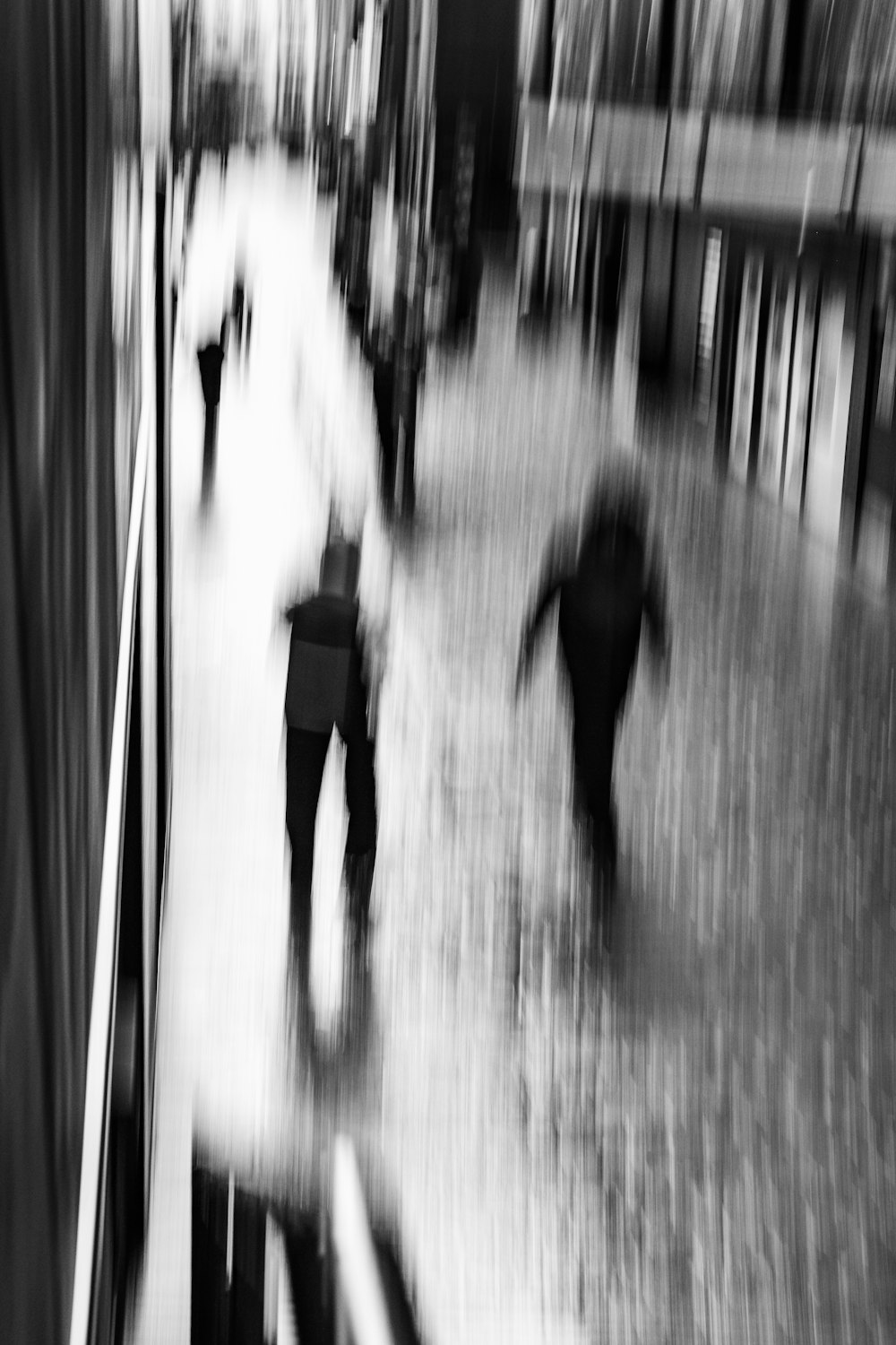 a blurry photo of people walking down a sidewalk