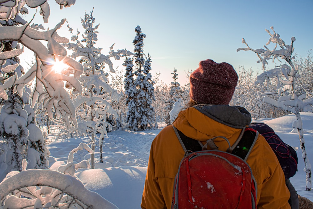 a person with a backpack standing in the snow