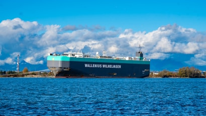A large cargo ship with the name 'WALLENIUS WILHELMSEN' is prominently positioned on calm blue waters. The background features a scenic view with expansive clouds and distant mountains under a clear sky. The shoreline is lined with trees, and there is a tall communication tower visible to the left.