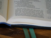Close-up of an open Bible with a soft gold bookmark, resting on a burgundy cloth.