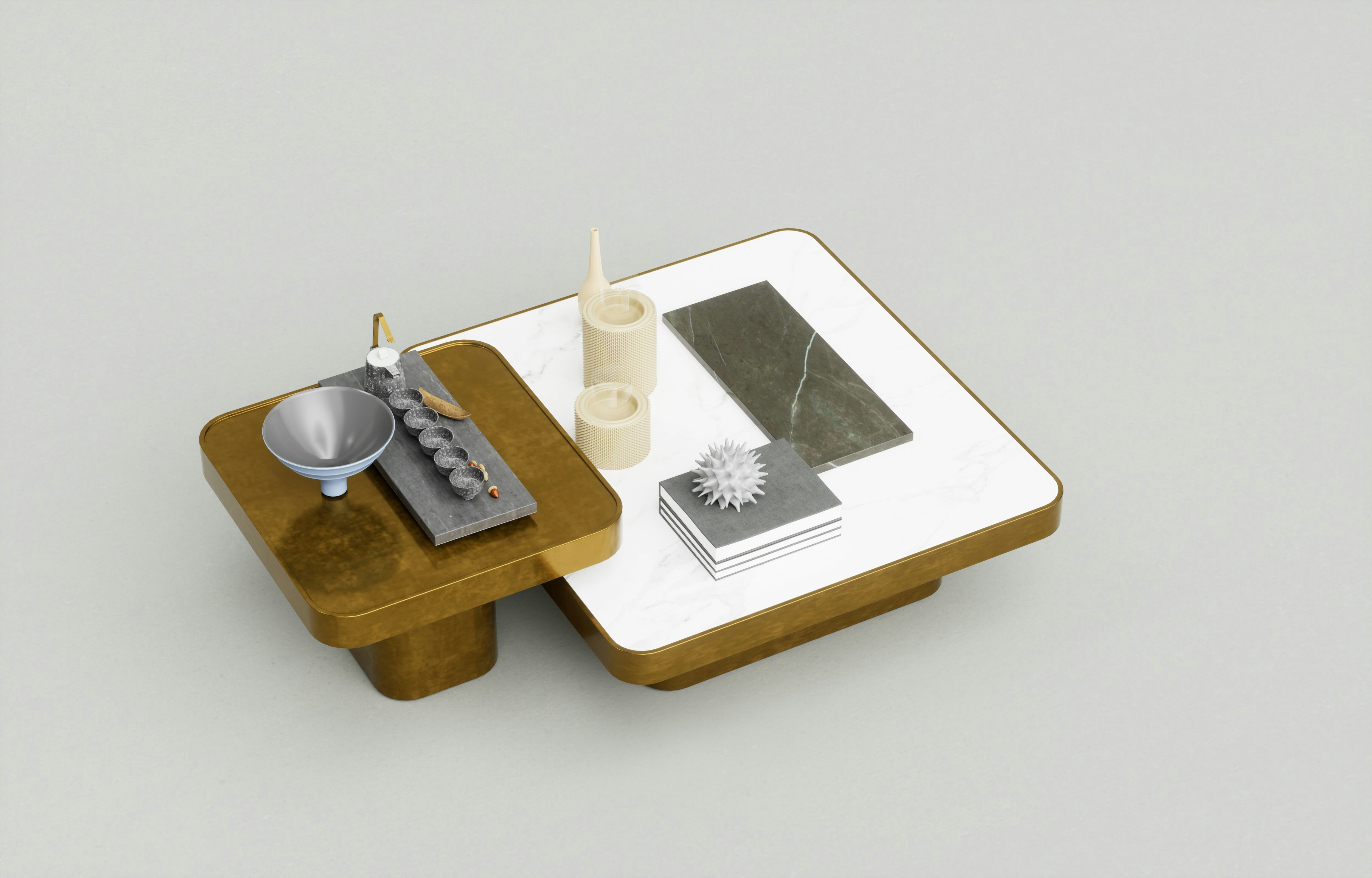 uma mesa de centro com uma vela e um vaso sobre ela