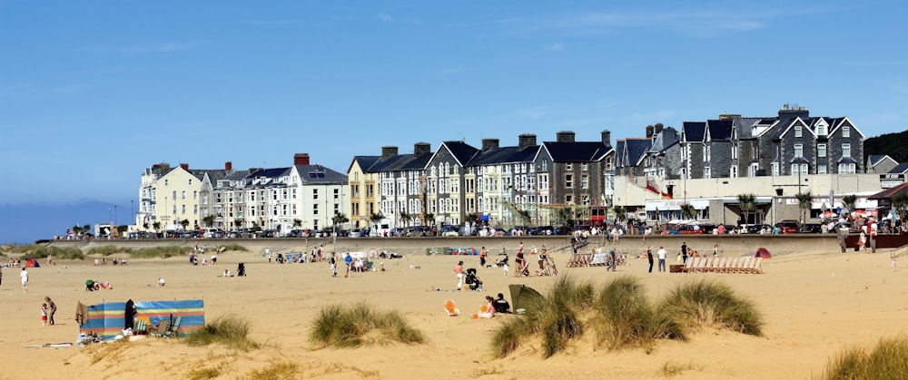 a group of people standing on top of a sandy beach