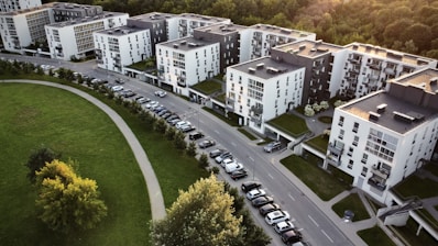 an aerial view of a city with lots of tall buildings