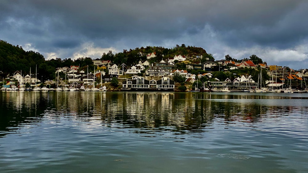 a body of water with houses on a hill in the background