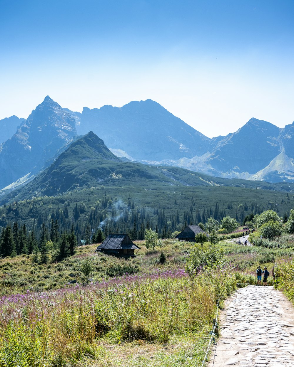 two people walking up a path in the mountains