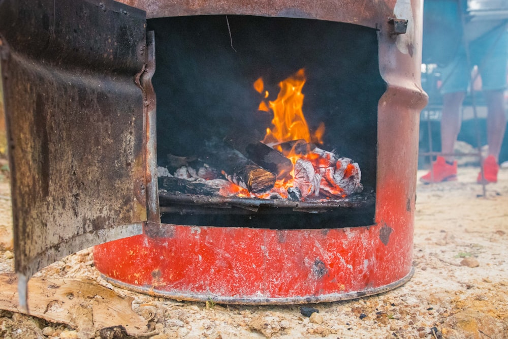 a close up of a fire burning in a brick oven