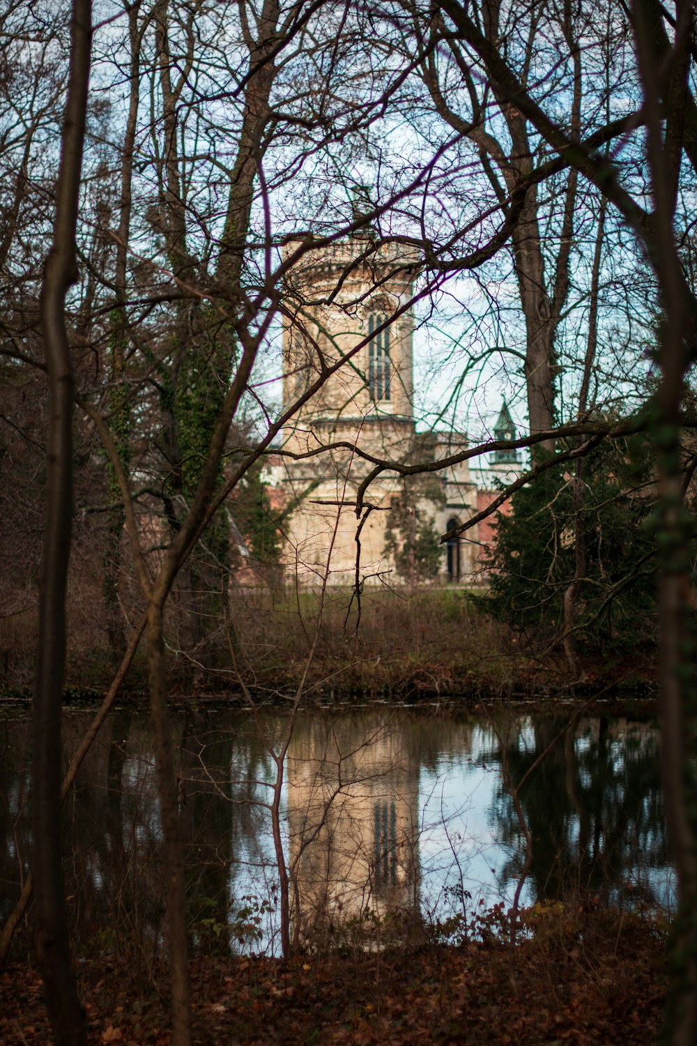 a building with a clock tower in the middle of a forest