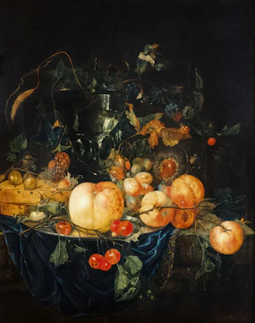 Still life pastel painting featuring fruits and a rustic vase.