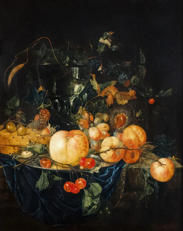Still life painting with natural light highlighting the textures of fruits and flowers.