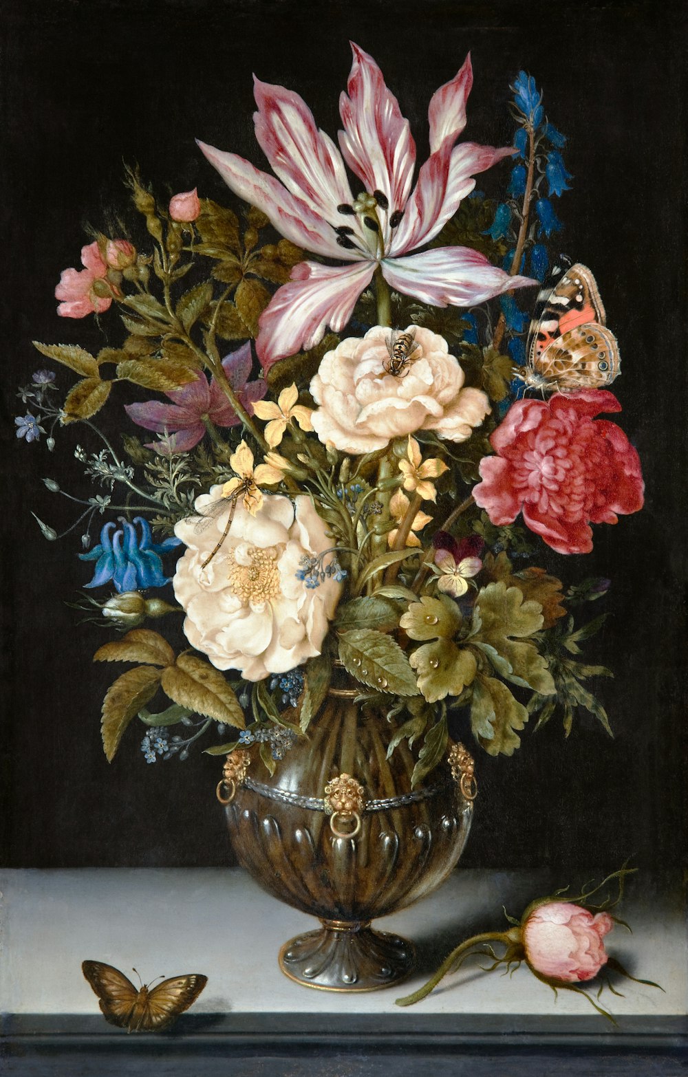 uma pintura de flores em um vaso sobre uma mesa