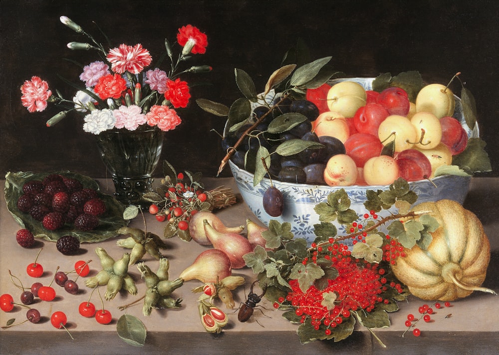 a painting of fruit and flowers on a table