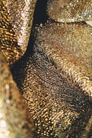 Close-up detail of handwoven threads shimmering in the golden light on a wedding saree.