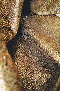 An up-close view of shimmering, textured gold fabric with a reflective and intricate pattern, creating a luxurious appearance.