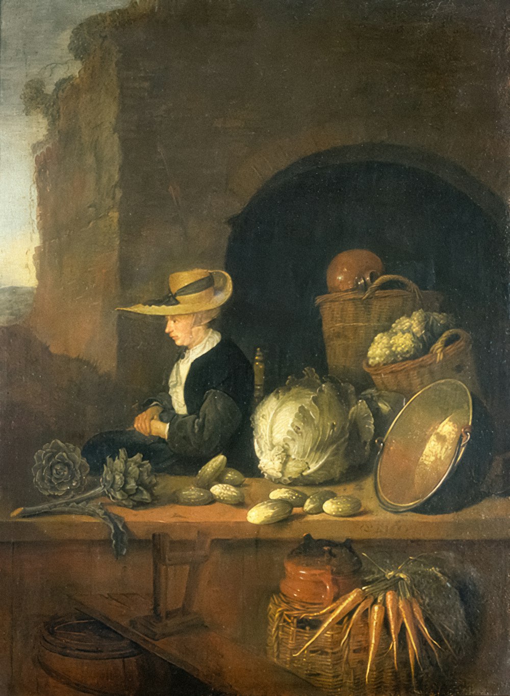 a painting of a woman sitting in front of a fireplace