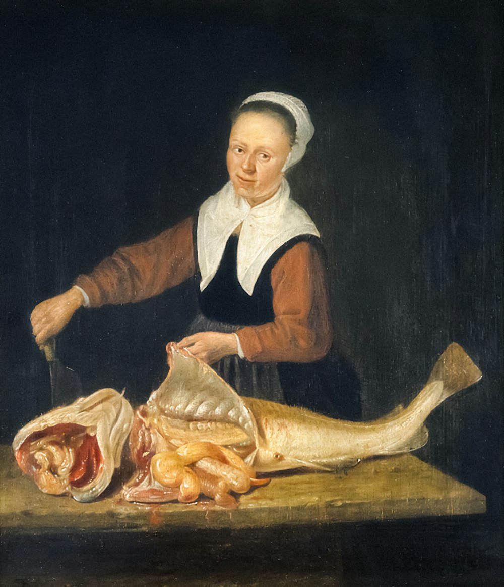 a painting of a woman slicing a fish