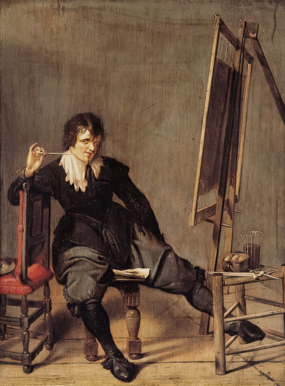 uma pintura de um homem sentado em frente a um cavalete
