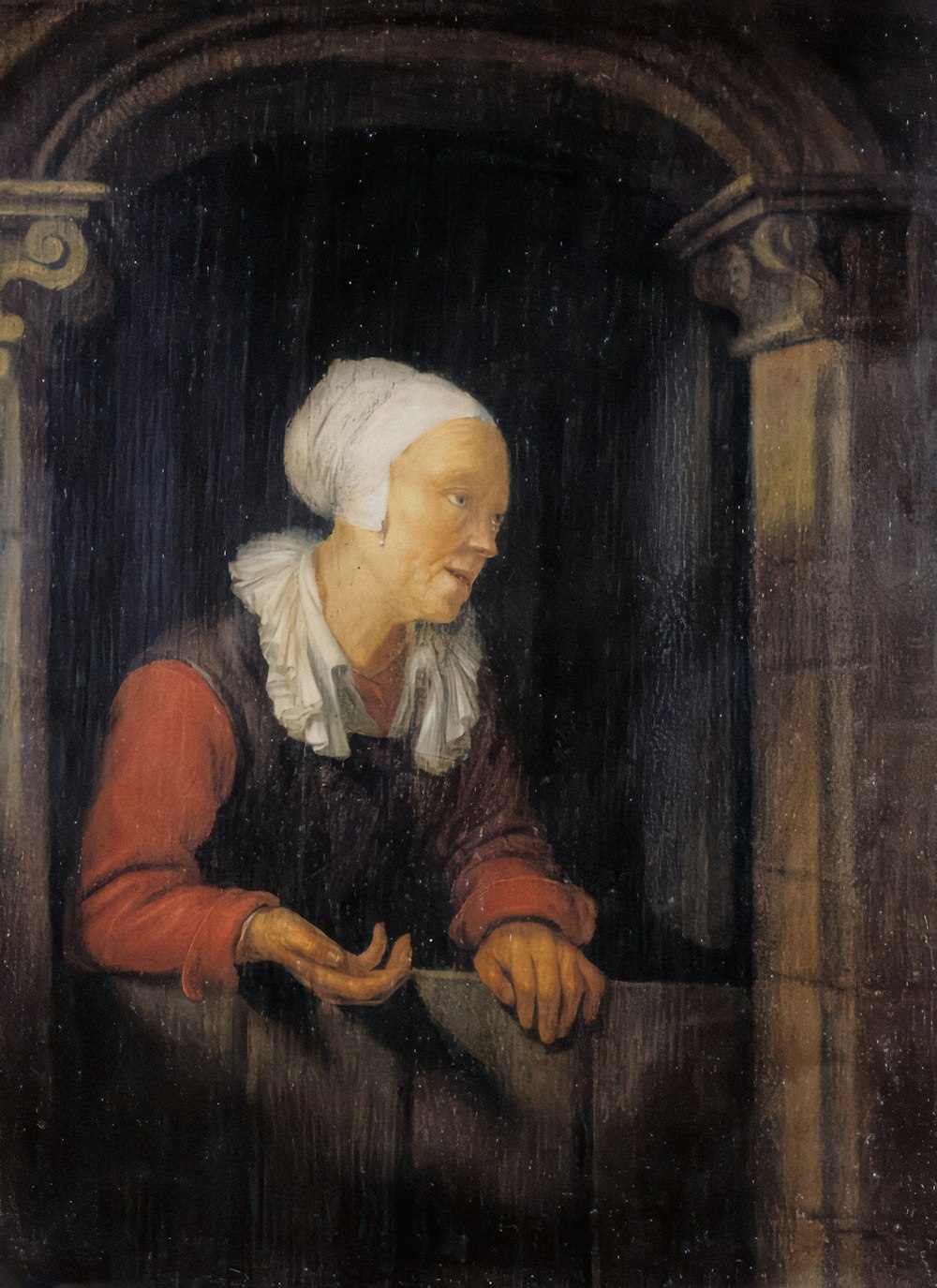 uma pintura de uma mulher velha olhando por uma janela