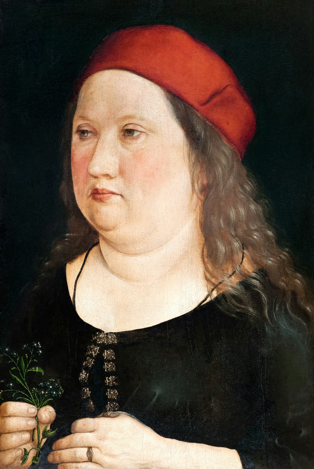 uma pintura de uma mulher usando um chapéu vermelho