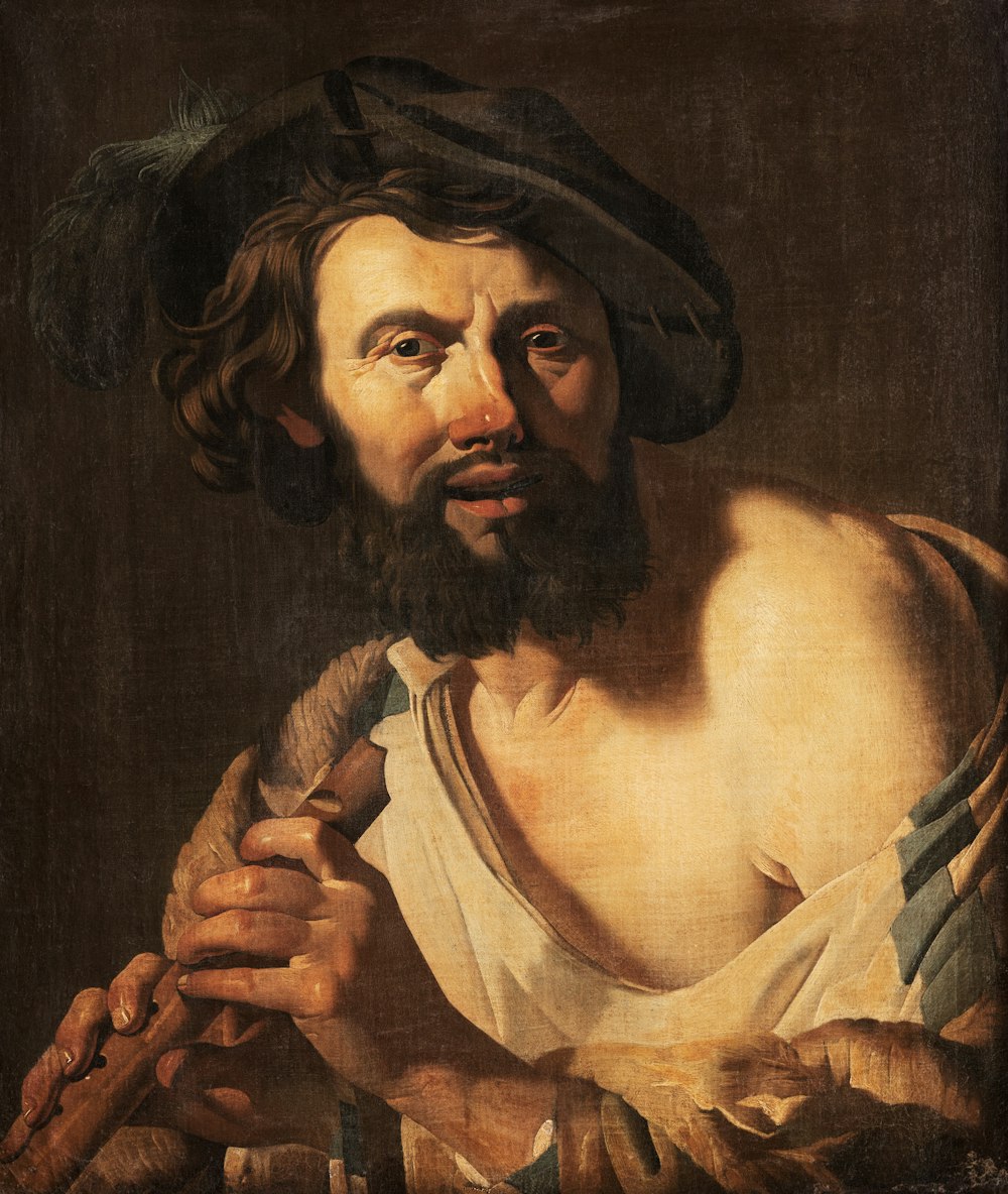 uma pintura de um homem com um chapéu e uma bengala
