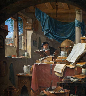 A thoughtful researcher examining ancient texts alongside modern scientific instruments in a warmly lit study.