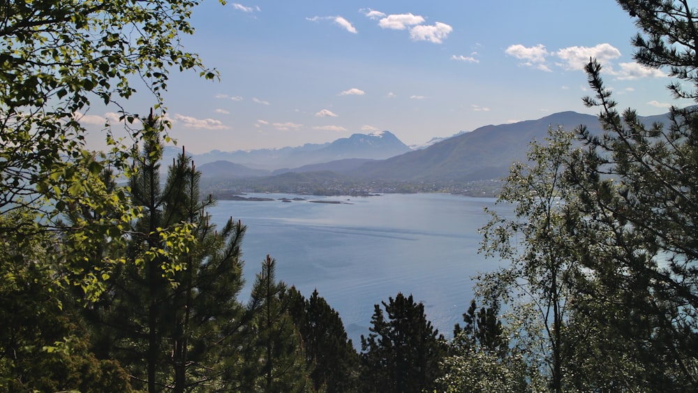 a lake surrounded by trees and mountains in the distance