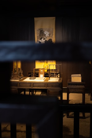 A dimly lit, traditional room with a wooden desk holding various antique objects. A scroll with floral artwork hangs on the wall behind the desk. The room features furniture like chairs, a lamp, and books, evoking a sense of historical or artistic study.