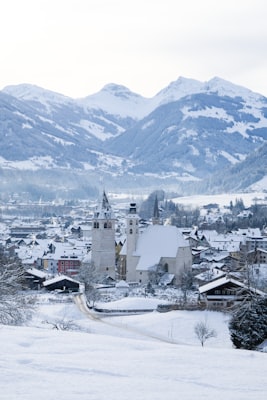 Alpine village under winter snow