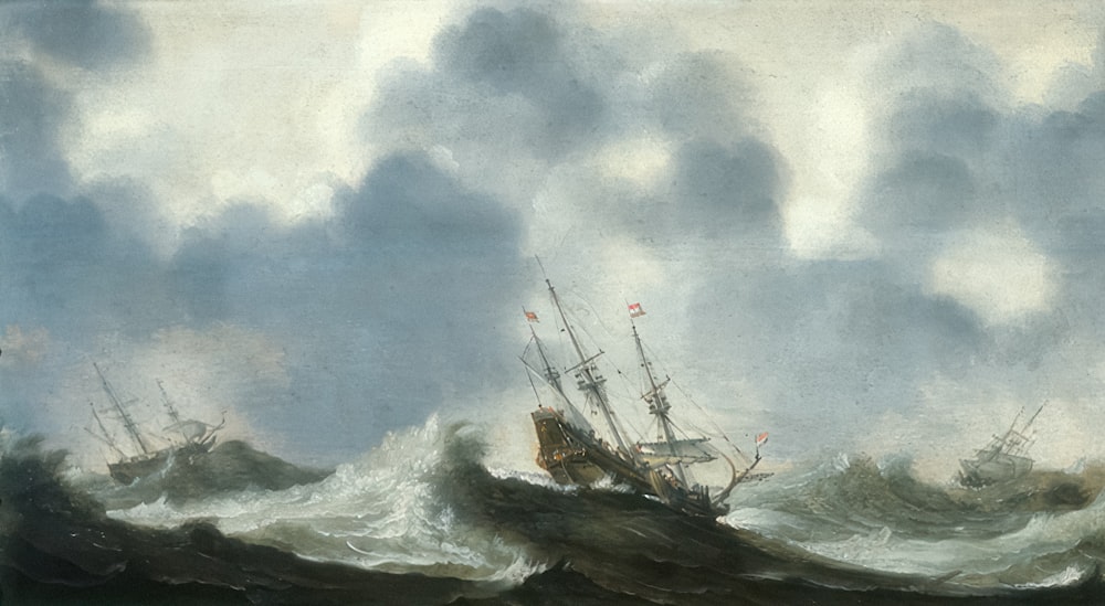 a painting of a ship in rough seas