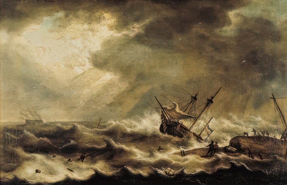 a painting of a ship in rough seas