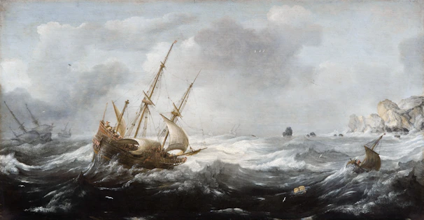 A dramatic painting of British naval ships bombarding Lagos' shoreline under a stormy sky.