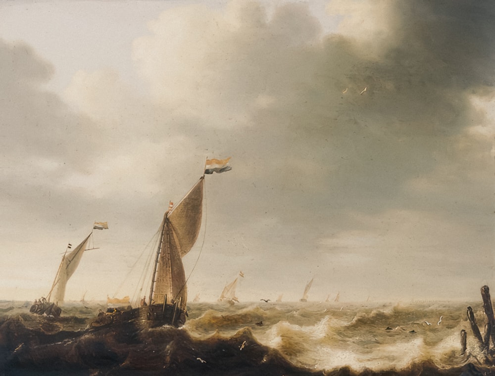 a painting of a ship in rough seas