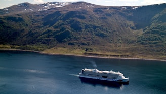 A large cruise ship sailing in a calm, blue body of water with mountainous terrain covered in greenery and patches of snow in the background.